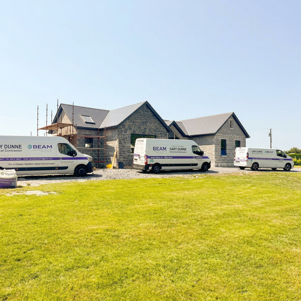 Gary Dunne Electrical's branded vans on site at a house under construction